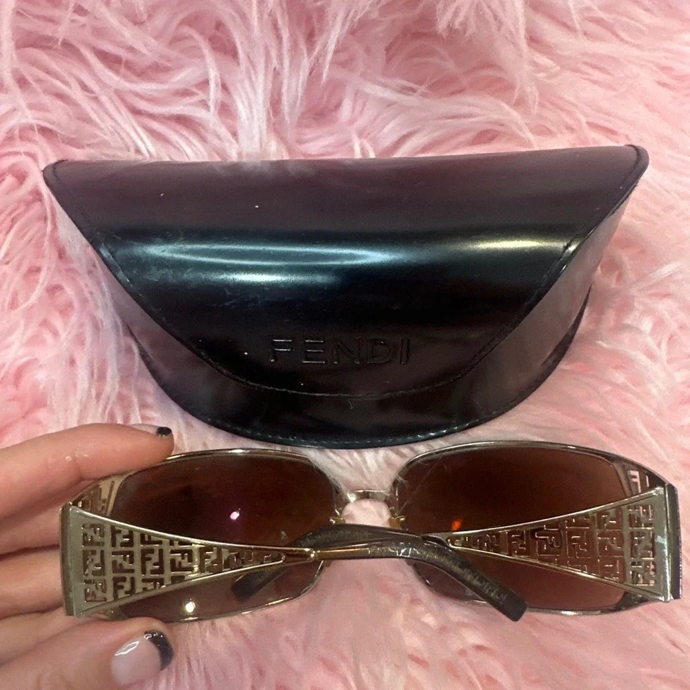 Y2K‎ Vintage Fendi Sunglasses Gold Zucca Monogram Brown Gradient Lens Italy Case